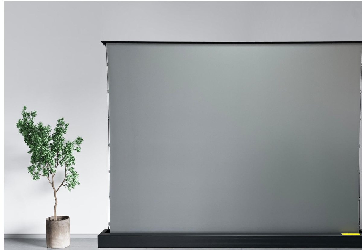 Floor rising UST projection screen raised in front of a wall, by SPS Acmera