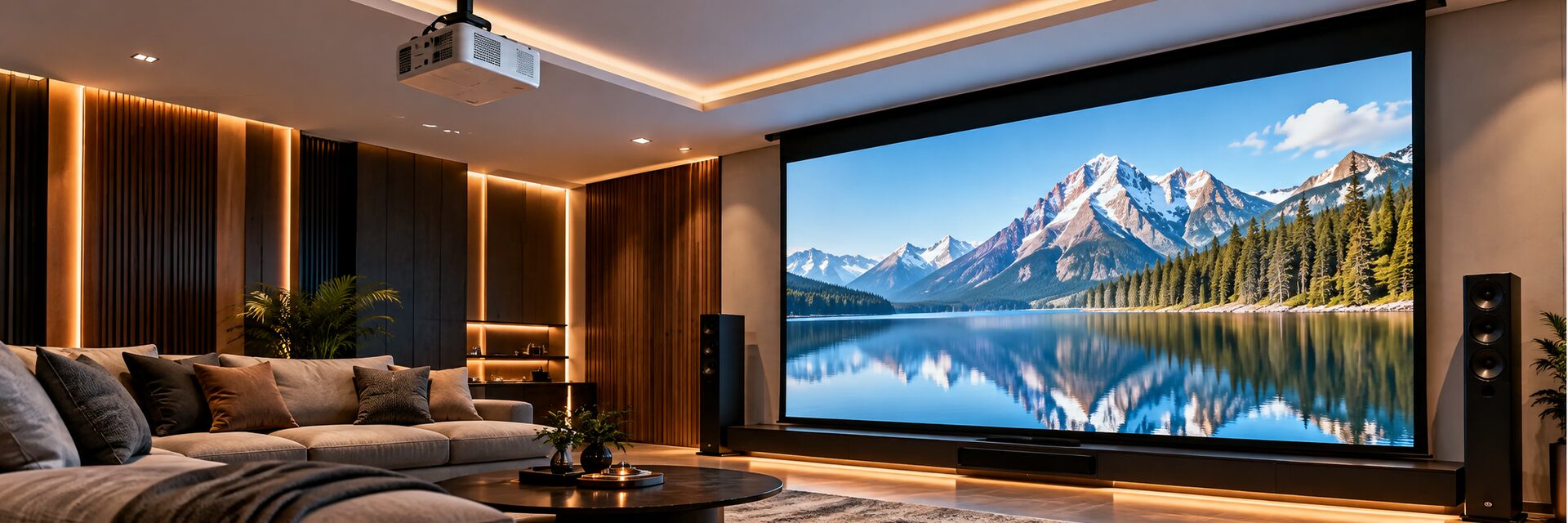 Projection screen set up in a home theater room