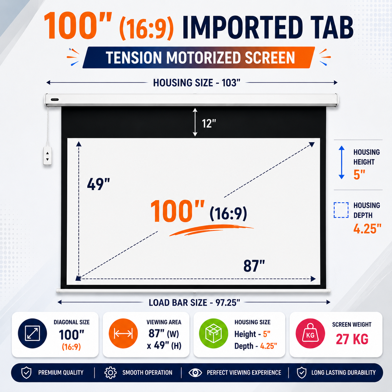 100" Imported Tab Tension Projection Screen specification sheet, by SPS Acmera