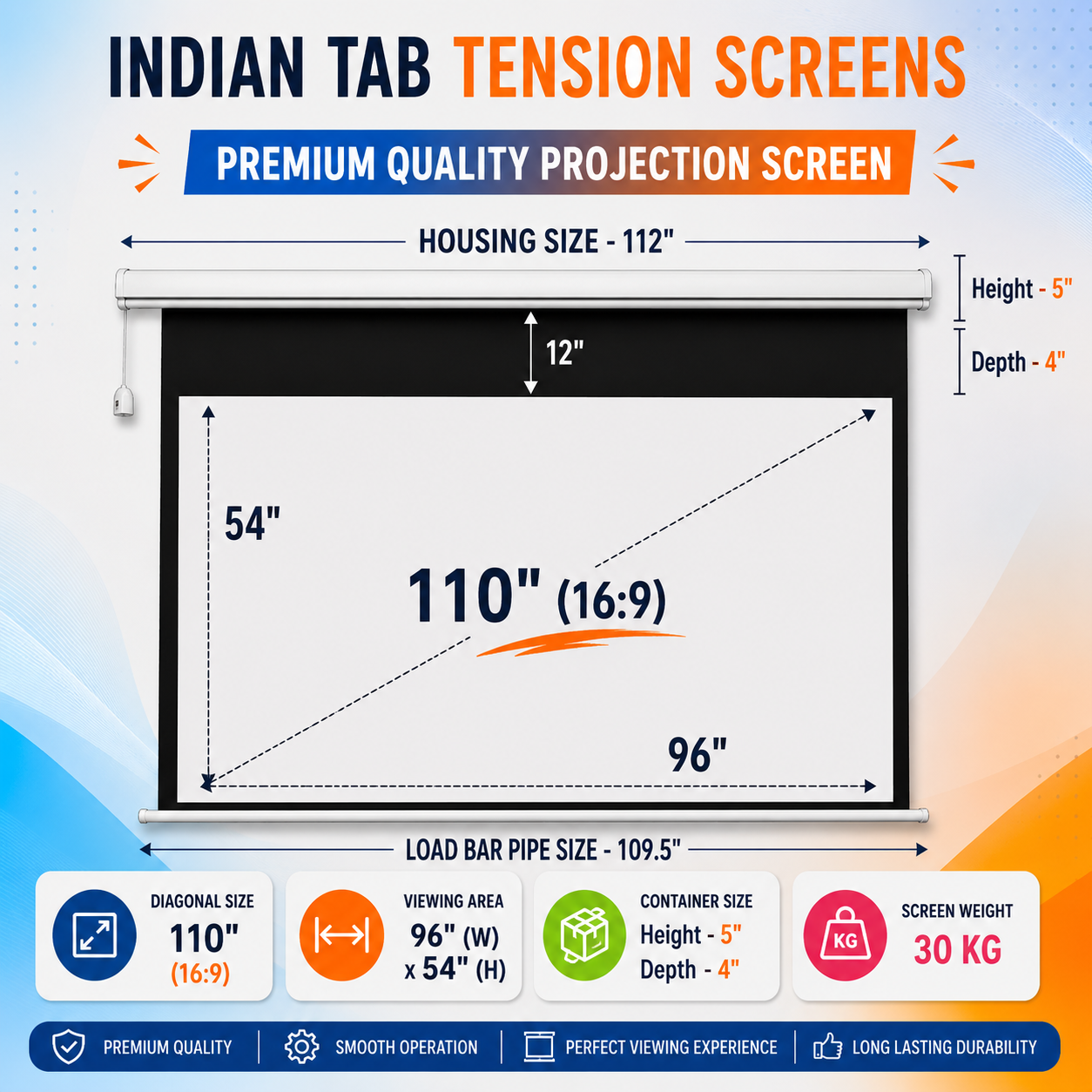 110" Indian Tab Tension Projection Screen specification sheet, by SPS Acmera