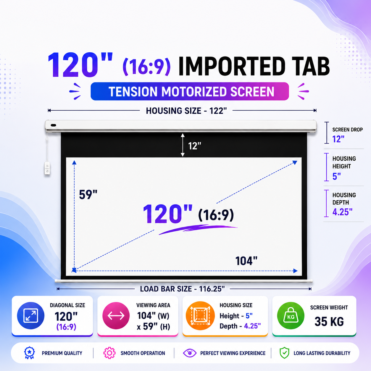120" Imported Tab Tension Projection Screen specification sheet, by SPS Acmera