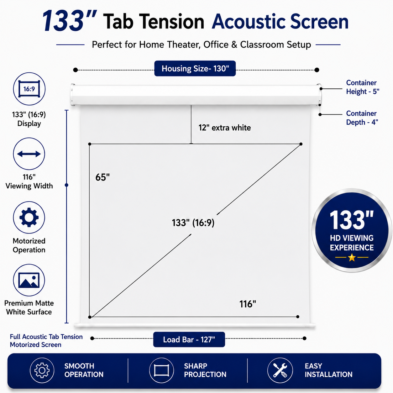 133" Tab Tension Acoustic Projection Screen specification sheet, by SPS Acmera