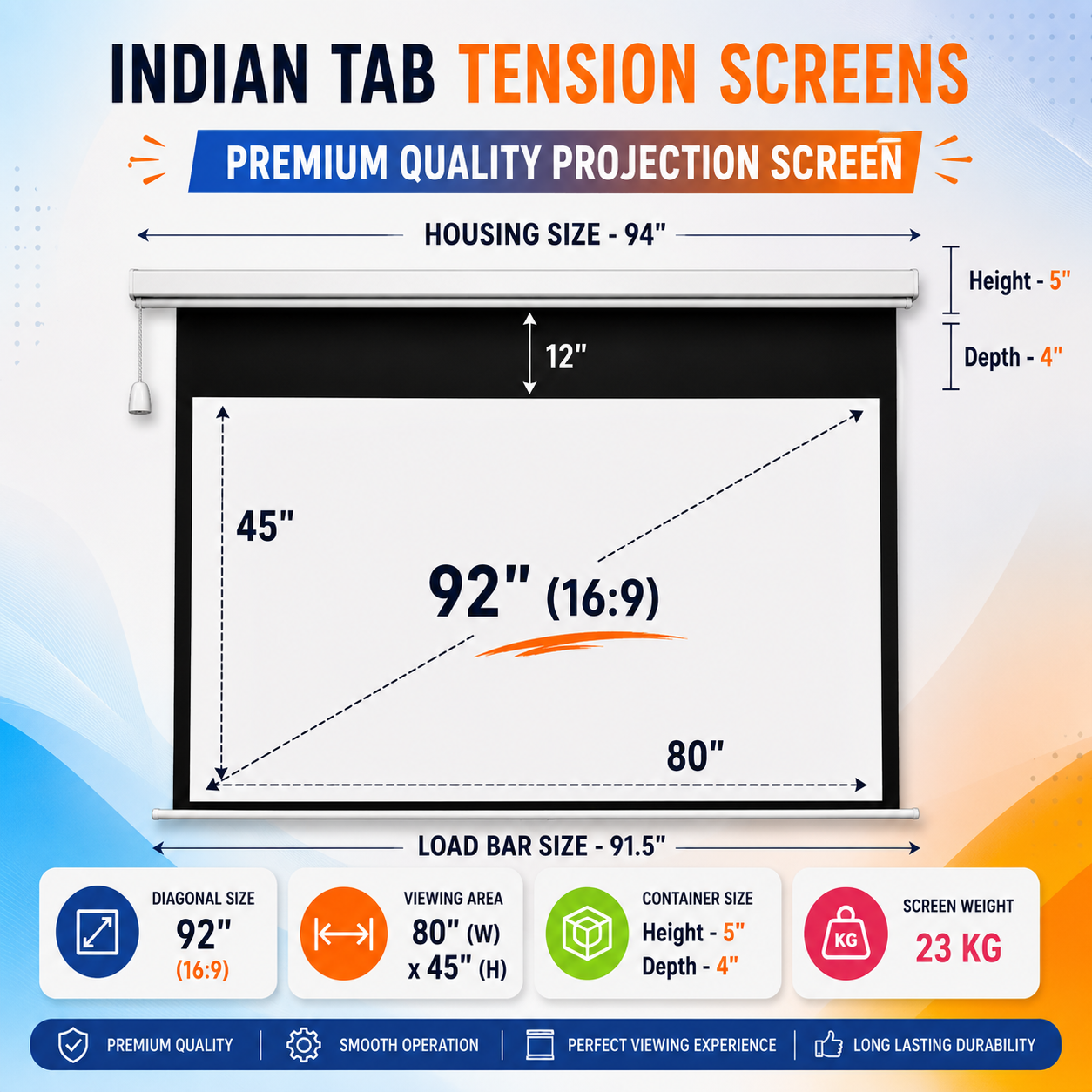 92" Indian Tab Tension Projection Screen specification sheet, by SPS Acmera